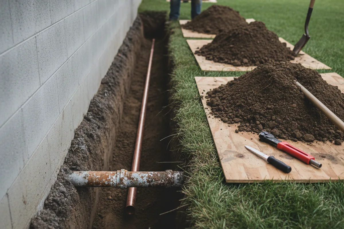 Excavated water line trench during Water Softener Installation in Newtown Square